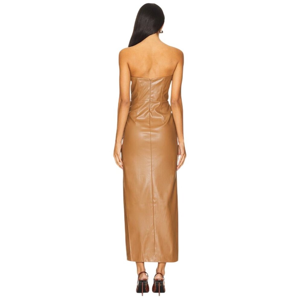 Bardot Everlasting Faux Leather Dress in Camel 2 New Womens Vegan Strapless Midi - Picture 2 of 16